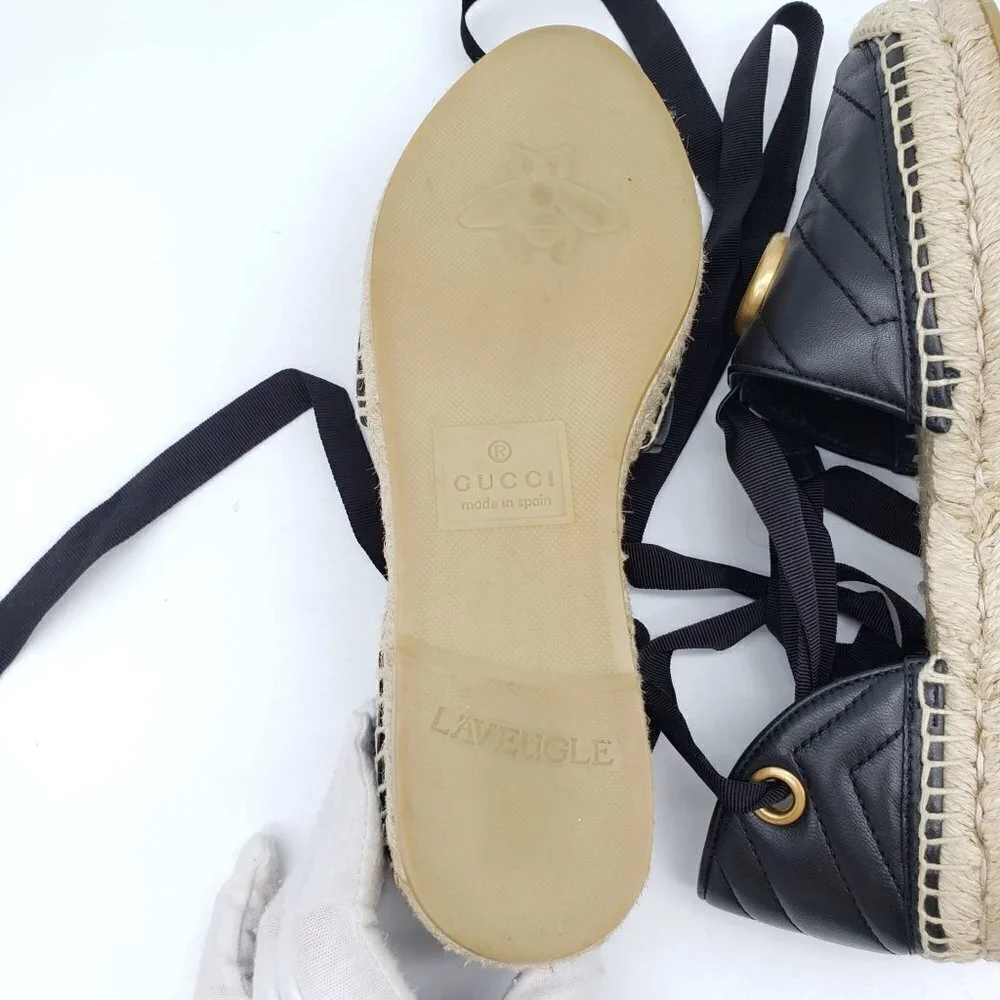 Authentic Gucci GG Marmont Espadrille Sandals Black Leather Gold Logo Brand New - Picture 9 of 13